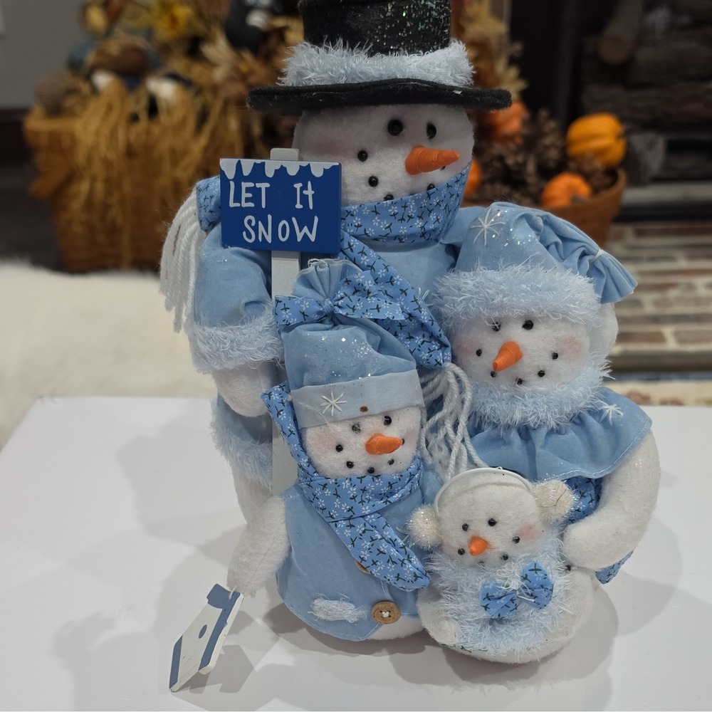 Plush Fabric Snowman Family Figurine Blue Outfits "Let It Snow" Freestanding